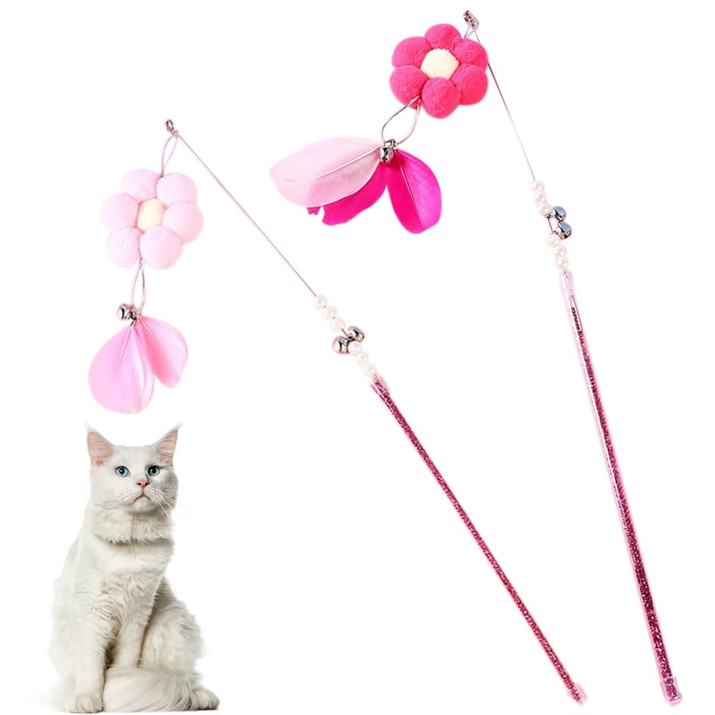 Qpets Pet Toys for Cats, 2PCS Interactive Cat Toys for Persian Cat, Pink Cat Teaser Toy for Cats to Play Flower Feather Wands with Bell Feather Stick Teasing Toy Qpets Pet Toys for Cats, 2PCS Interactive Cat Toys for Persian Cat, Pink Cat Teaser Toy for Cats to Play Flower Feather Wands with Bell Feather Stick Teasing Toy